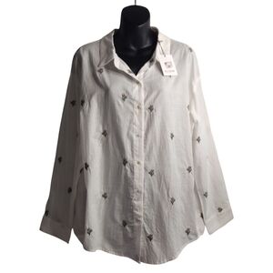 Ellison Women's Top Button Shirt Blouse White Embroidered Cactus Cotton Sz L
